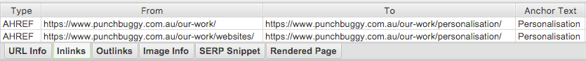 Screaming Frog Inlinks Tab